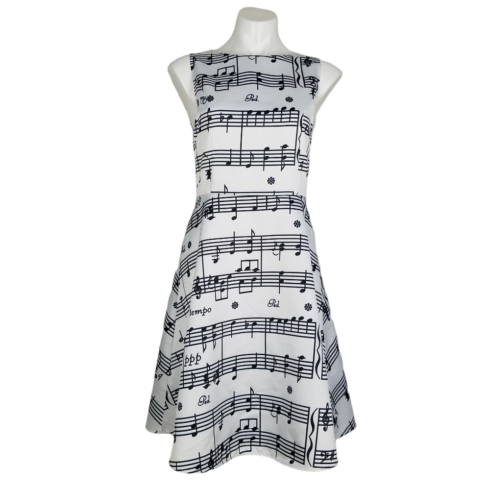 Boutique Music Notes White Black Fit Flare Dress